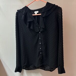 J. Crew Black Ruffle Button-Up Blouse
